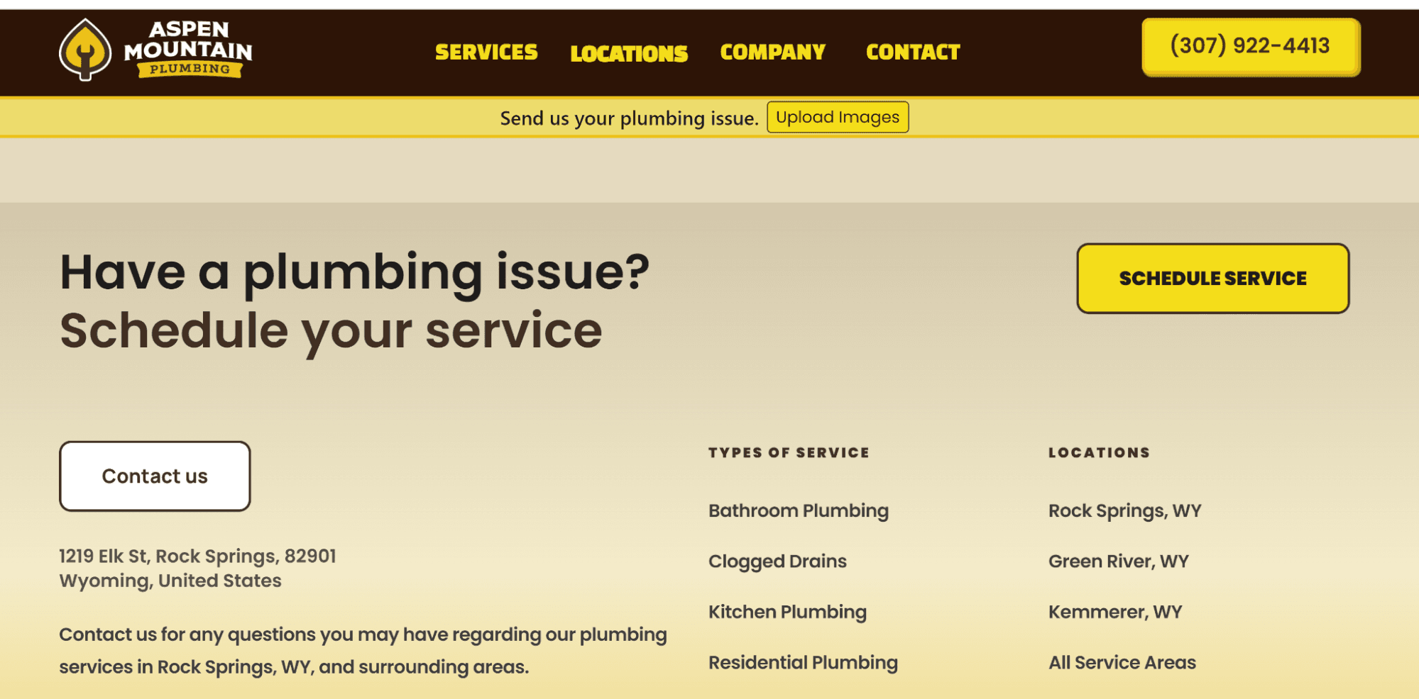 A plumbing company ends its page with a big CTA to schedule serve or contact the business.